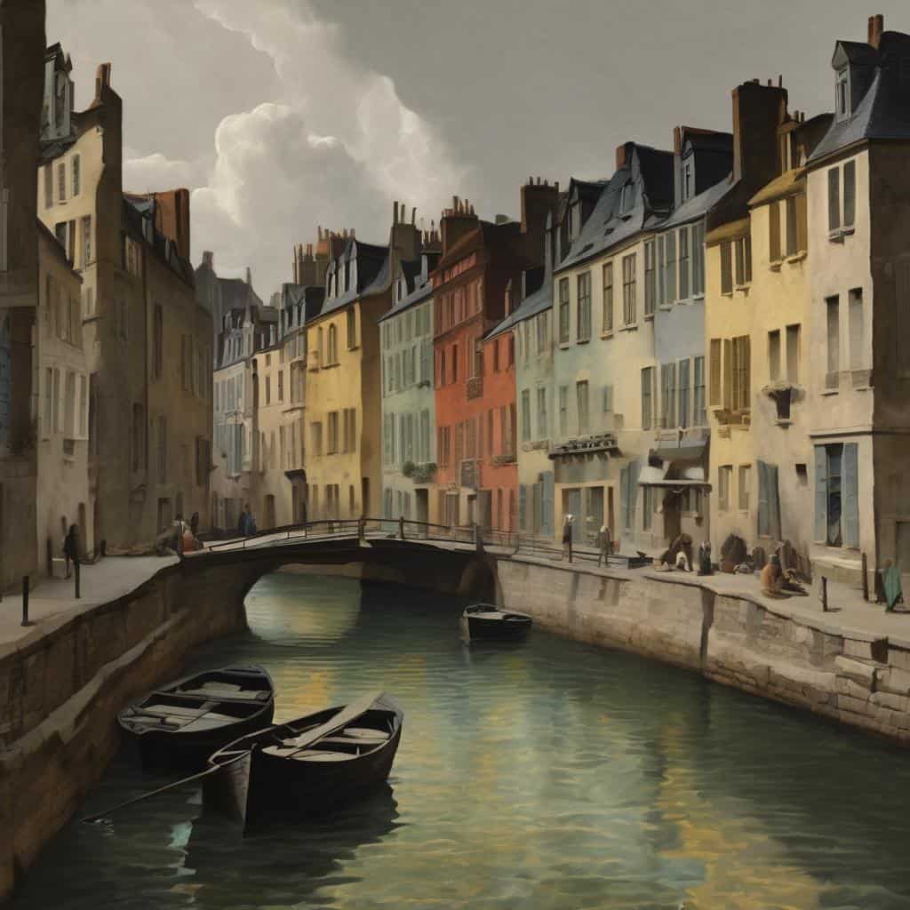 Γραφική εικόνα παλιάς ευρωπαϊκής πόλης με πολύχρωμα κτίρια και κανάλι, εμπνευσμένη από καλλιτεχνικές βιογραφίες και έργα τέχνης.