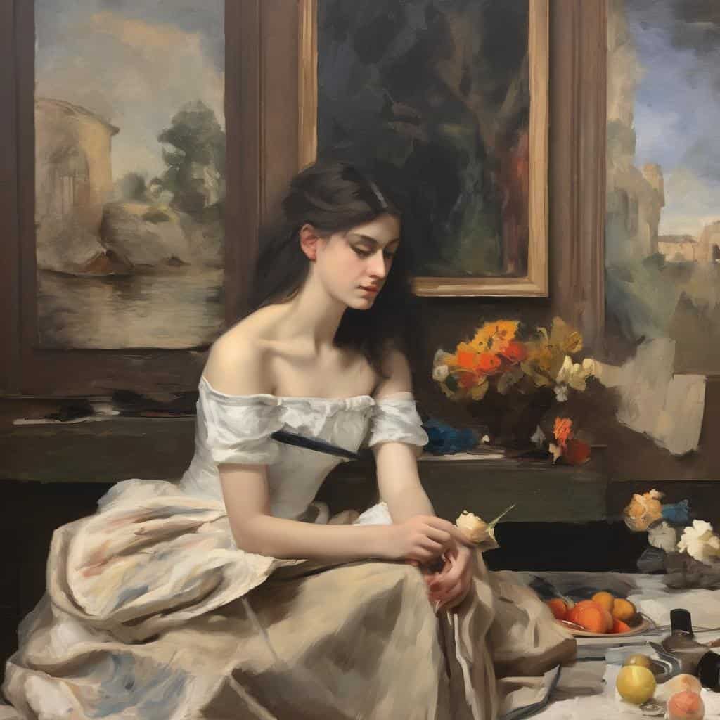 απλές αναγνώσεις έργων τέχνης και βιογραφίες καλλιτεχνών, ζωγραφική και τέχνη, πορτρέτο γυναίκας σε καμβά.