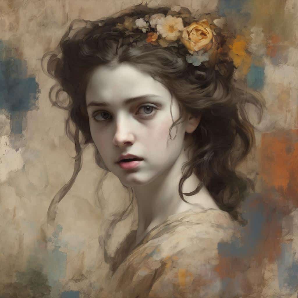 Ομορφη νεαρή γυναίκα με φλογέρες και λουλούδια στα μαλλιά, σε αριστουργηματικό πορτρέτο.