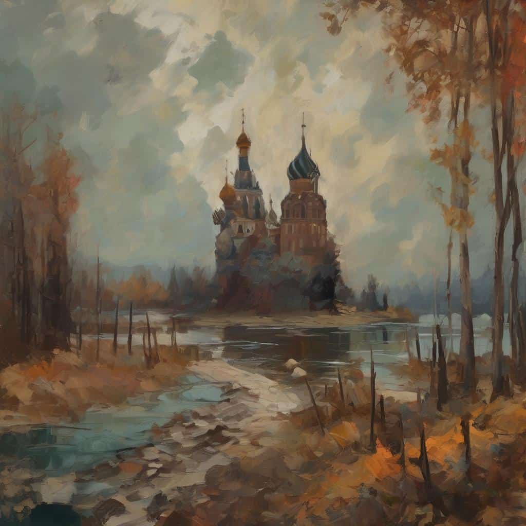 Φωτογραφία από πίνακα τοπίου με εκκλησία με χαρακτηριστικά ρωσικά μπαλκόνια, φθινοπωρινά δέντρα και ποταμό, σε ατμόσφαιρα τέχνης και πολιτισμού.
