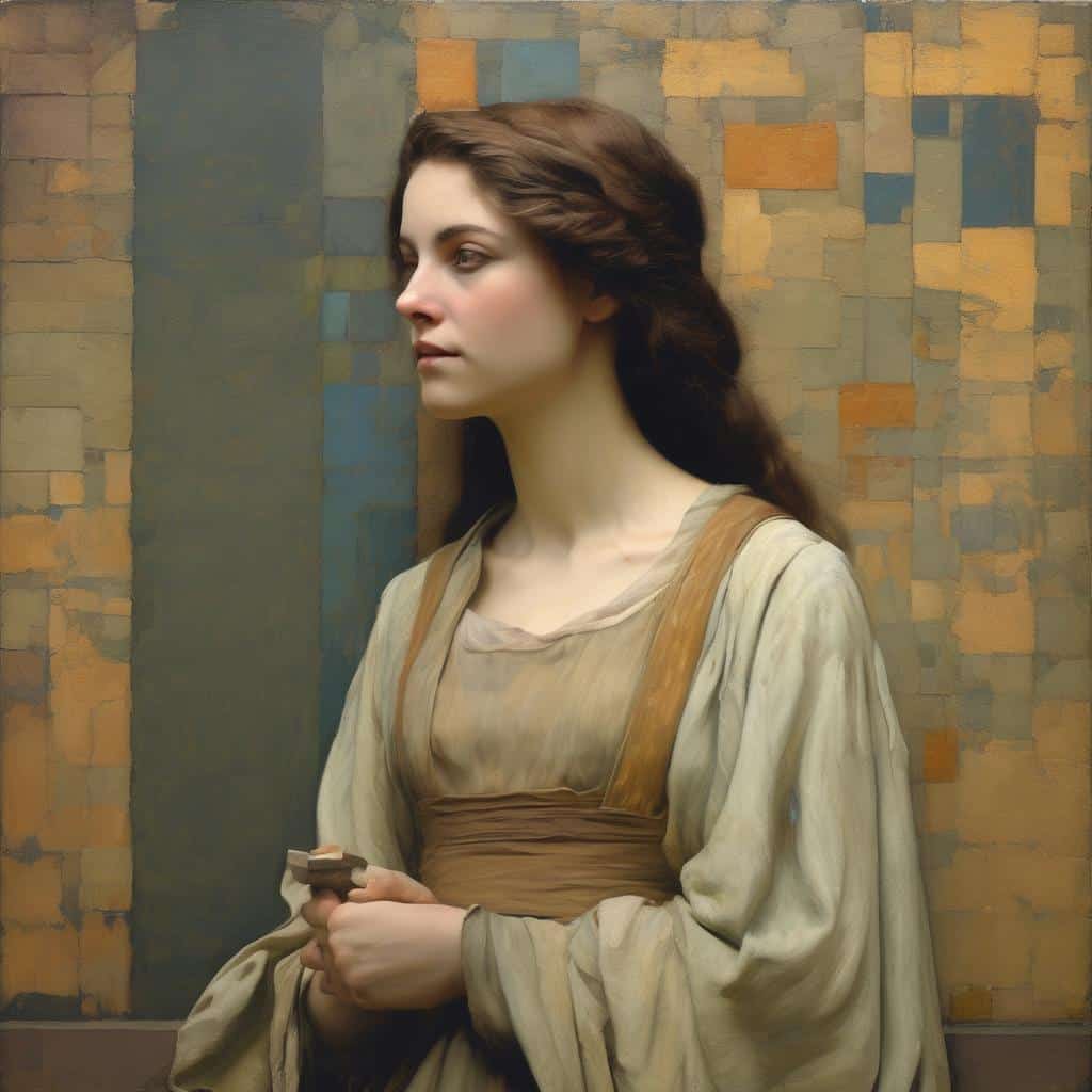 Χαρακτηριστικό πορτρέτο γυναίκας σε στυλ ζωγραφικής, παρακολουθώντας τα έργα και τις βιογραφίες καλλιτεχνών.