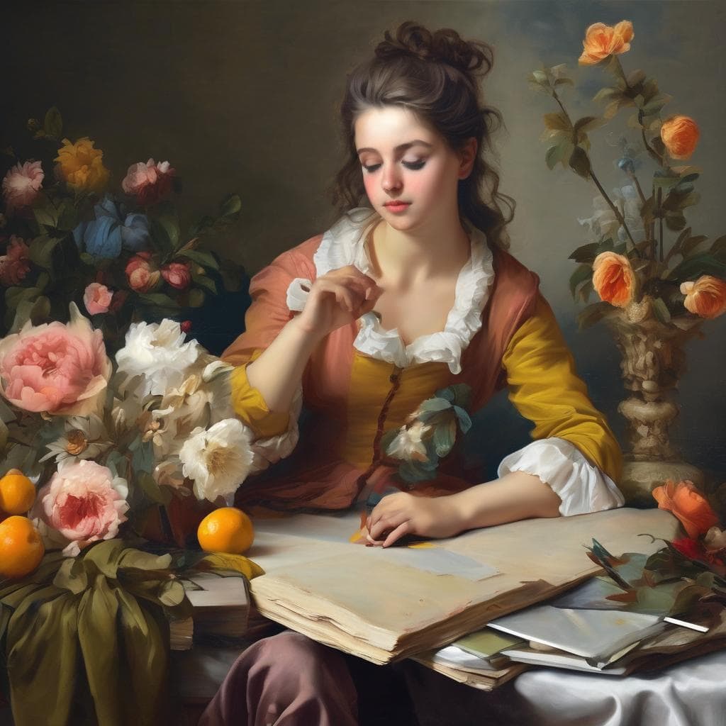 Λιλιπούτεια γυναίκα με λουλούδια και βιβλία, εστιάζοντας στην καλλιτεχνική βιογραφία και την ερμηνεία των έργων.