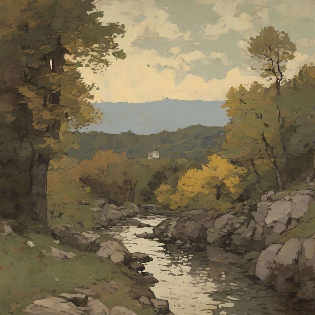 Οπίσθιο φωτεινό τοπίο με ποτάμι και δέντρα, έργο τέχνης που αναδεικνύει το φυσικό τοπίο και την τέχνη των Βιογραφιών Καλλιτεχνών και Η Ανάγνωση των Έργων.